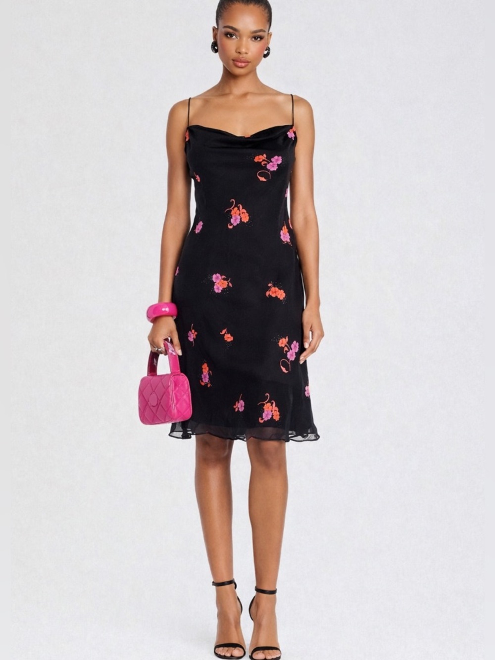 Vintage Black Midi Dress with Pink and Orange Floral Accents